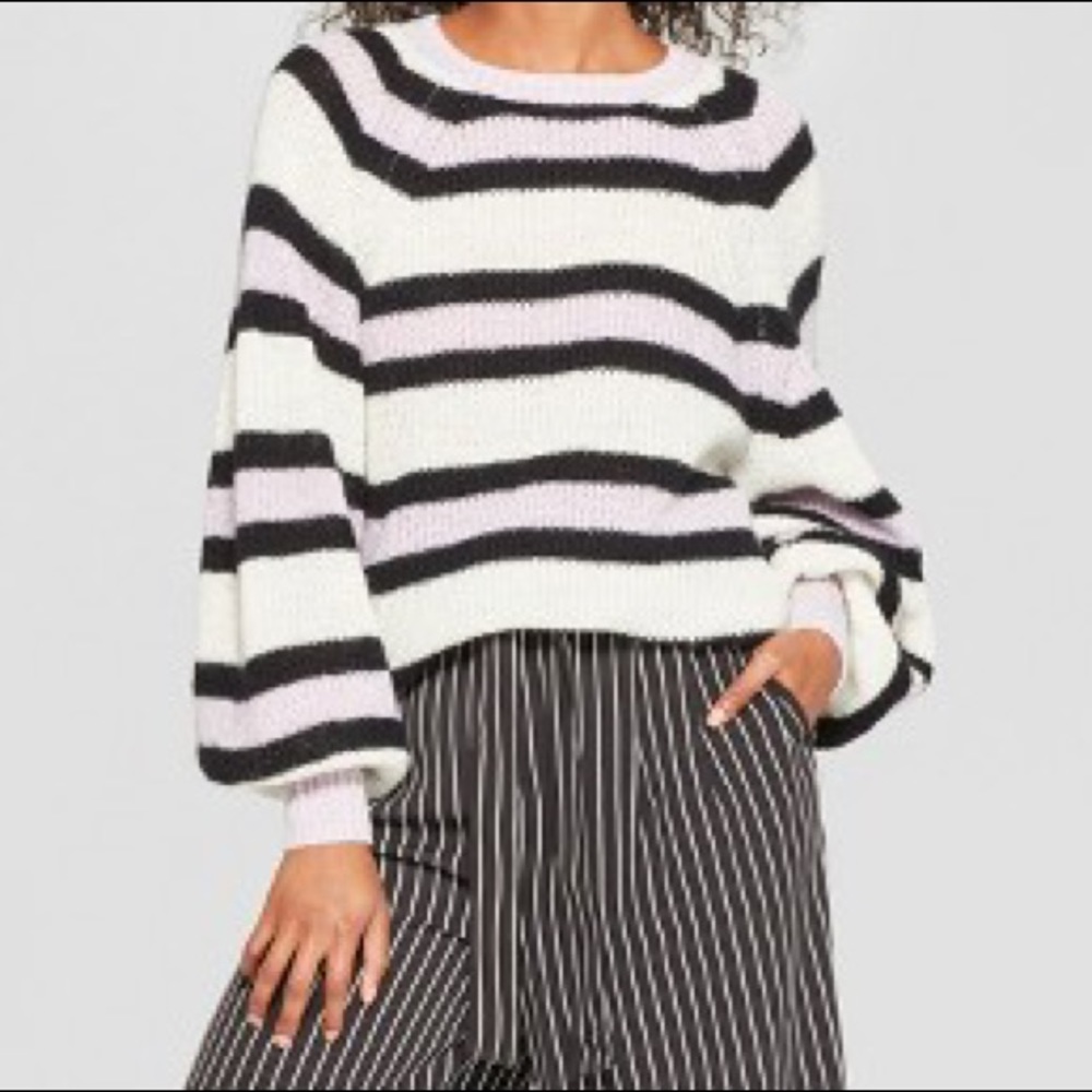 Cozy Striped Crewneck Balloon Sleeve Sweater